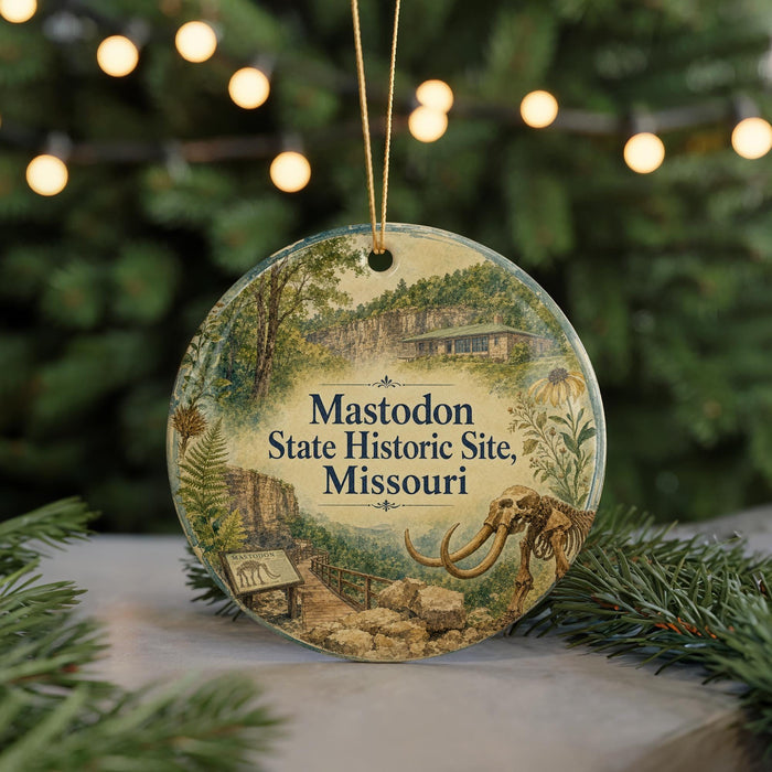A round ornament with a painting of a historic site, specifically Mastodon State Historic Site, Missouri, hanging from a string.