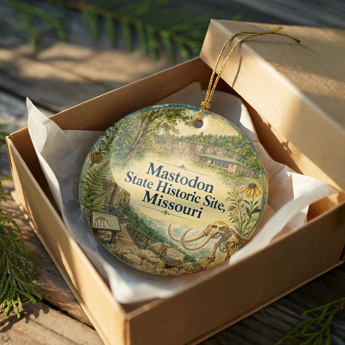 A decorative ornament in a wooden box, featuring an illustration of a historic site and the text "Mastodon State Historic Site, Missouri".