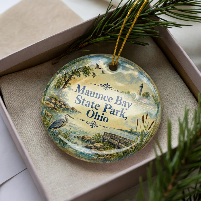 A decorative ornament in a box, featuring a scenic image of a lake, a lighthouse, and birds, with the text "Maunee Bay State Park, Ohio" printed on it.