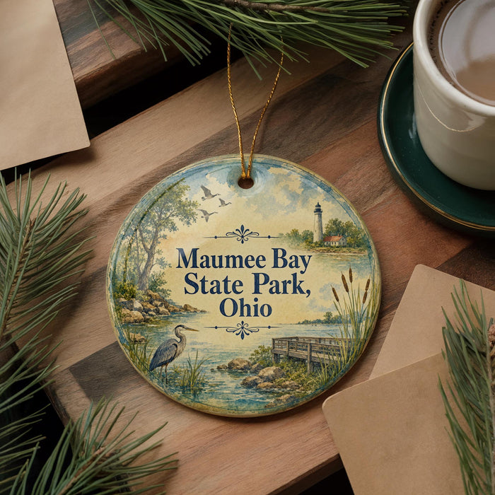 A decorative ornament with a scenic image of Maumee Bay State Park, Ohio, featuring a lighthouse, birds, and a wooden dock.