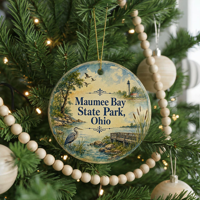A round ornament hanging on a Christmas tree, featuring a scenic image of Maumee Bay State Park, Ohio.
