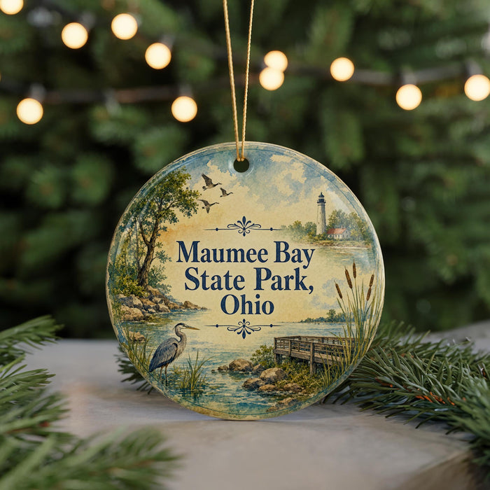 A circular ornament with a painting of a serene lake, a lighthouse, and birds in flight, surrounded by greenery and a string of lights.