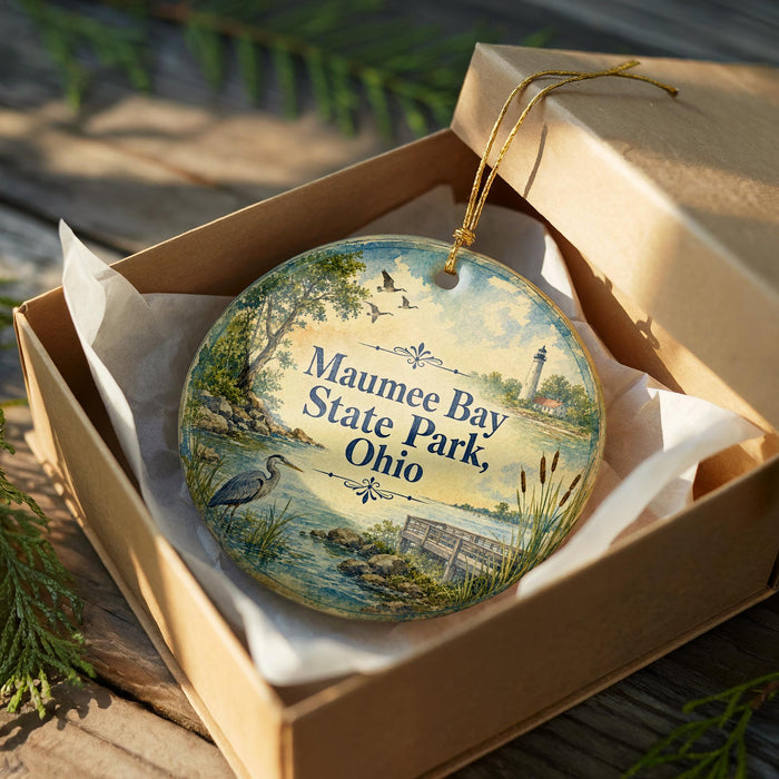 A decorative ornament in a box, featuring a scenic image of Maumee Bay State Park, Ohio.