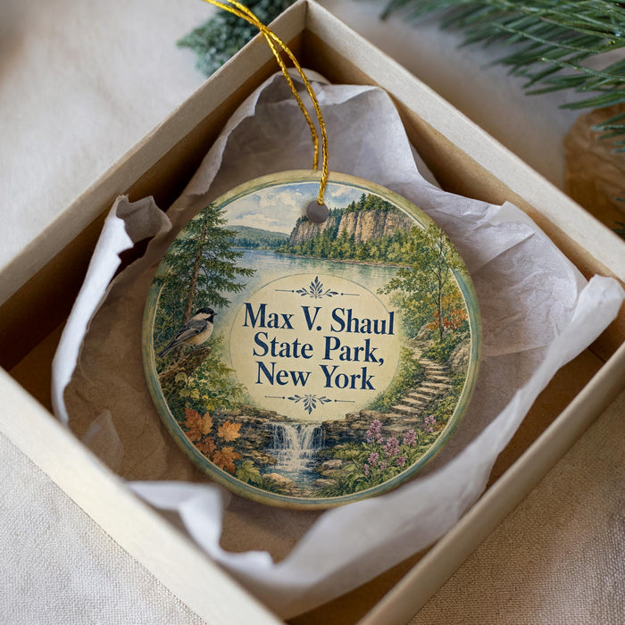 A round ornament with a scenic landscape of a lake, waterfall, and forest, featuring a bird perched on a tree branch.