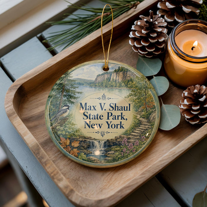 A wooden tray with a decorative ornament featuring a scenic landscape of Max V. Shaul State Park, New York, and pine cones.