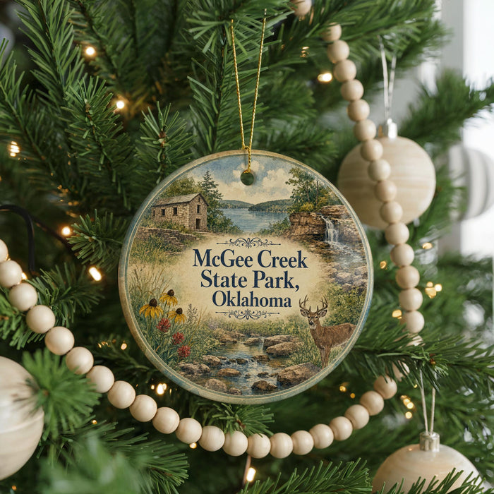 A round ornament hanging on a Christmas tree, featuring a scenic image of a park with a stream and a cabin.