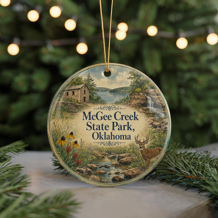 A round ornament with a scenic image of a park, featuring a deer, a waterfall, and a cabin, is displayed in front of a blurred background with Christmas lights.