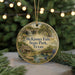 A circular ornament with a scenic landscape of McKinney Falls, Texas, featuring a waterfall, a bridge, and a house, surrounded by greenery.