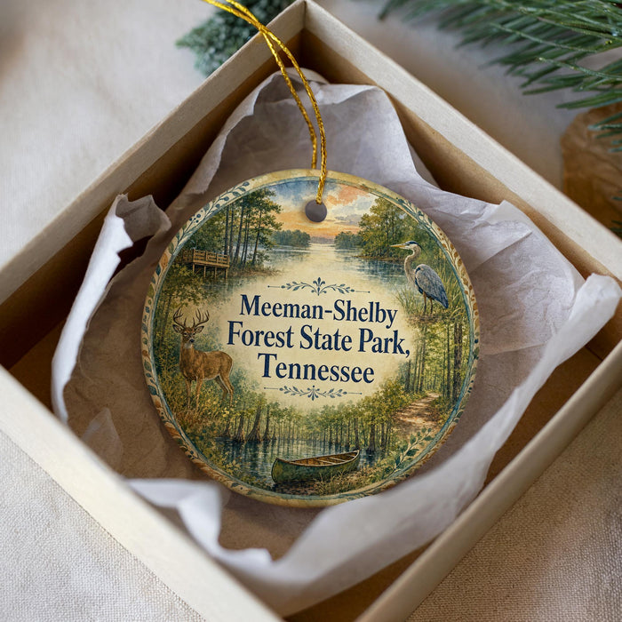 A decorative ornament in a box, featuring a scenic image of Meeman-Shabel Forest State Park in Tennessee.