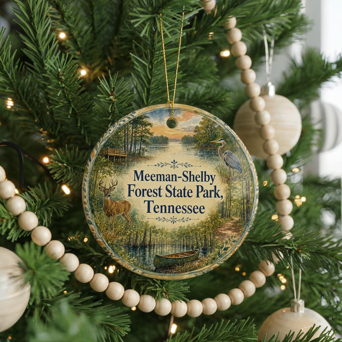 A round ornament hanging on a Christmas tree, featuring a scenic image of the Meeman-Shelby Forest State Park in Tennessee.