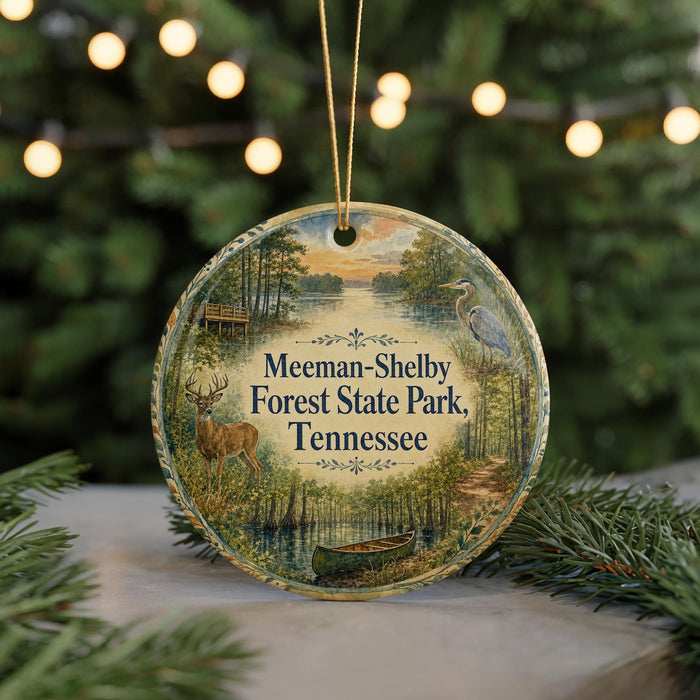 A round ornament with a painting of a forest scene hangs in front of a Christmas tree with lights.