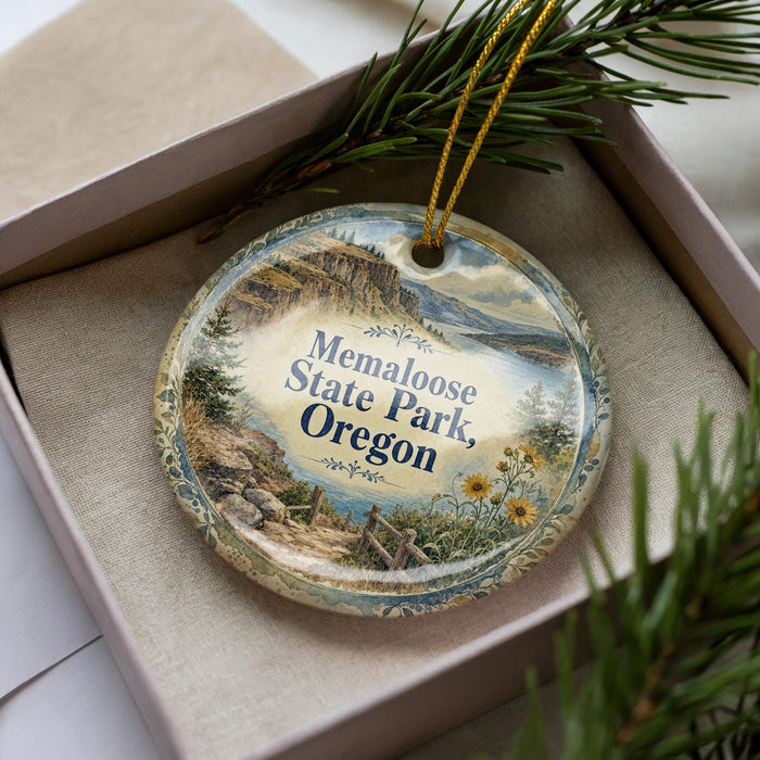 A decorative ornament in a box, featuring a scenic landscape with mountains, trees, and flowers.