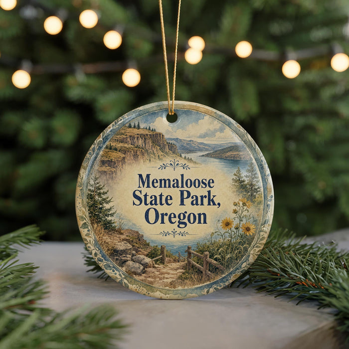 A decorative ornament featuring a scenic landscape with mountains, trees, and a body of water, hanging from a string.
