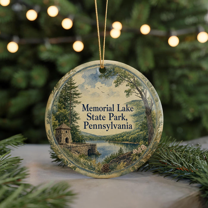 A round ornament with a scenic landscape of Memorial Lake State Park, Pennsylvania, featuring a bridge, trees, and a lake.