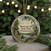 A round ornament with a scenic landscape of Memorial Lake State Park, Pennsylvania, featuring a bridge, trees, and a lake.