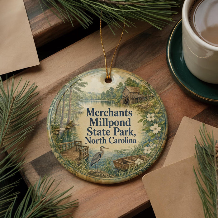 A decorative ornament featuring a scenic image of Mill Pond State Park in North Carolina, with a bird and a wooden cabin in the background. The ornament is hanging on a wooden surface, surrounded by pine branches and a cup of coffee.