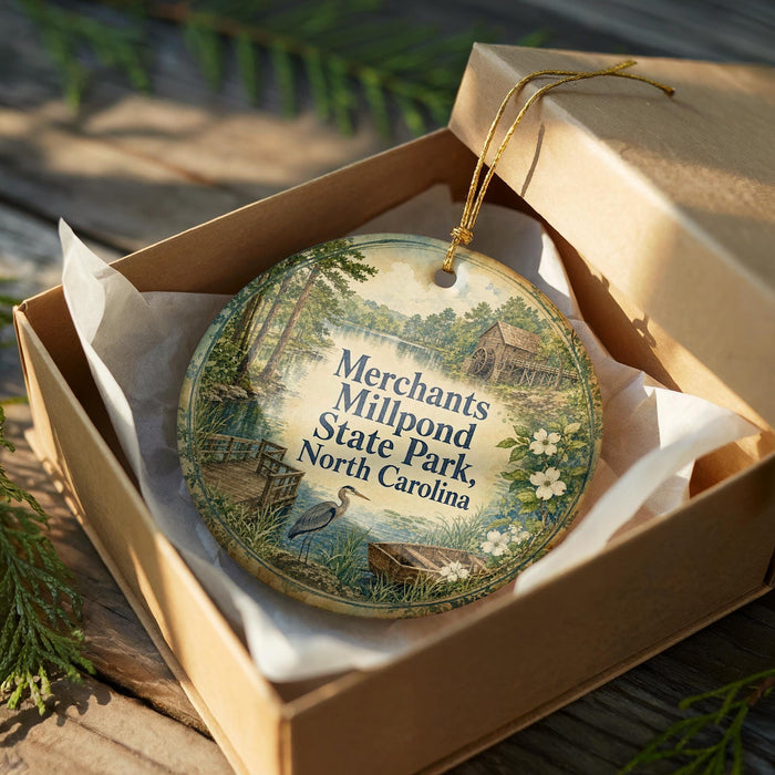 A decorative ornament in a wooden box, featuring a scenic landscape with a bird and a house, with the text "Merchants Millpond State Park, North Carolina" printed on it.