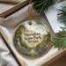 A decorative ornament with the text "Mermidian State Park, Texas" on it, surrounded by a scenic landscape with a waterfall, pine trees, and other natural elements.