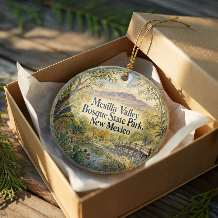 A decorative ornament in a brown box, featuring a scenic landscape with mountains, trees, and a river.