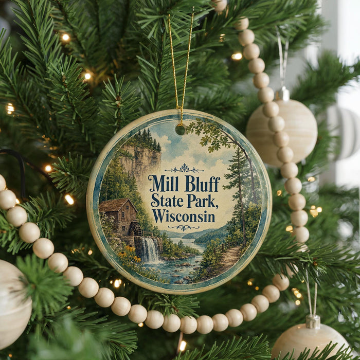 A round ornament on a Christmas tree, featuring a scenic image of Mill Bluff State Park in Wisconsin.
