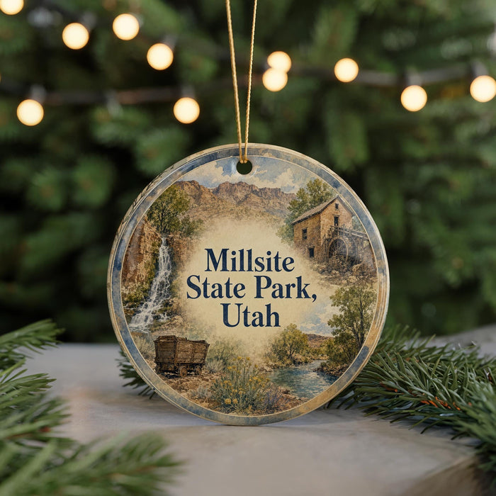 A round ornament with a scenic image of Millsite State Park, Utah, hanging from a string.