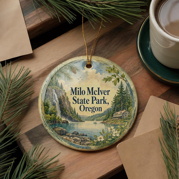 A round ornament with a scenic image of a waterfall and forest, along with the text "Milo McLiver State Park, Oregon".
