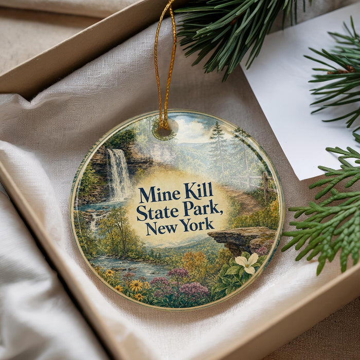 A decorative ornament with a scenic landscape of a waterfall and forest, featuring the text " Mine Kill State Park, New York" on it.