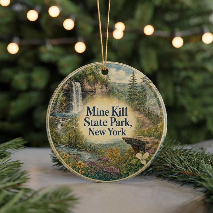 A round ornament with a scenic image of Mine Kill State Park, New York, featuring a waterfall, forest, and a cliff.