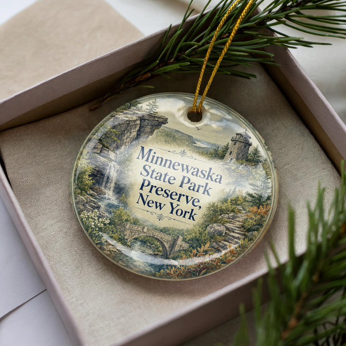 A decorative ornament in a box, featuring a scenic landscape with a waterfall and a castle, with the text "Minewaska State Park Preserve New York" printed on it.