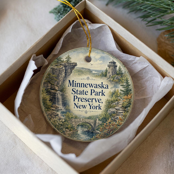 A decorative ornament in a white box, featuring a scenic landscape with a castle, trees, and a waterfall.