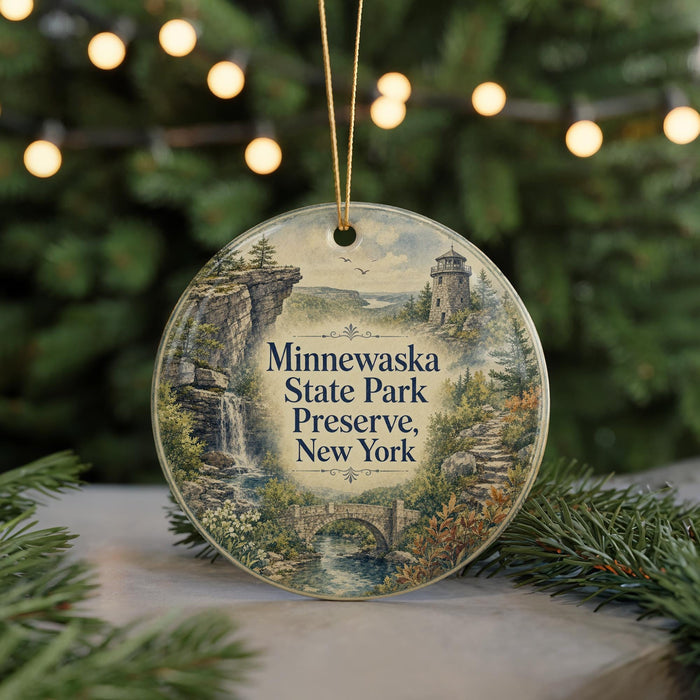 A round ornament with a scenic landscape featuring Minewaska State Park, New York, hanging from a string.