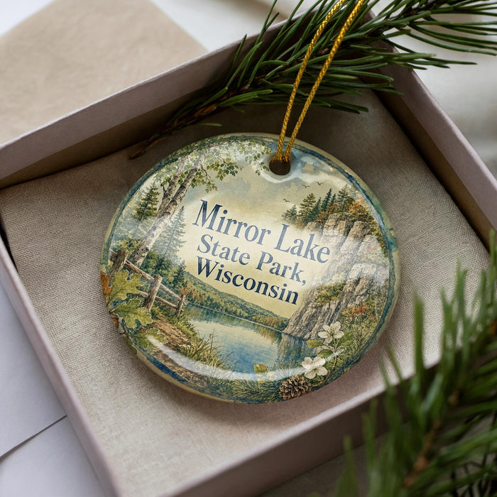 A decorative ornament in a box, featuring a scenic landscape with a lake, pine trees, and mountains.