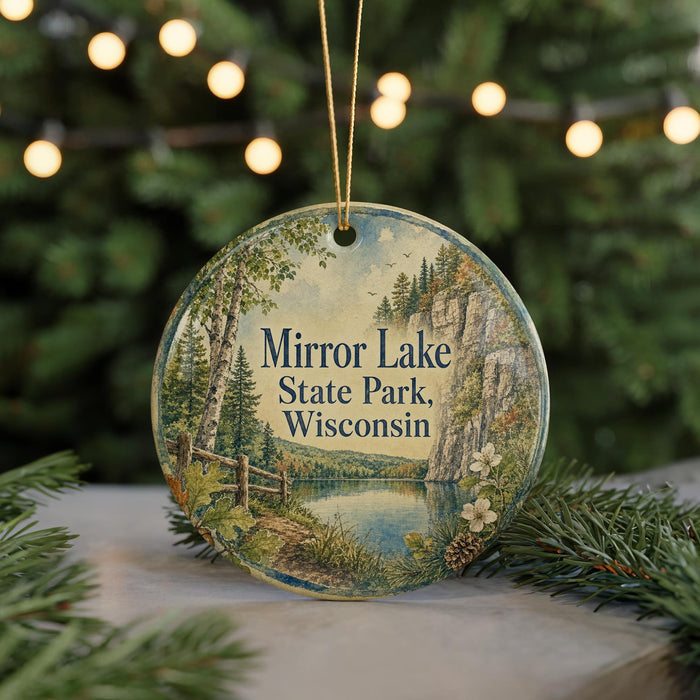 A round ornament with a scenic landscape of Mirror Lake State Park, Wisconsin, featuring a lake, trees, and mountains.