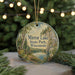 A round ornament with a scenic landscape of Mirror Lake State Park, Wisconsin, featuring a lake, trees, and mountains.