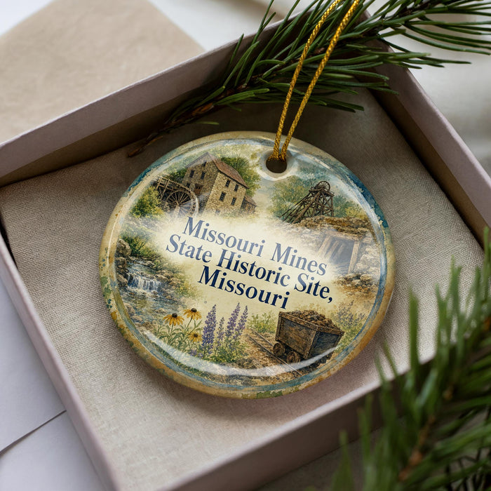 A decorative ornament in a box, featuring a collage of images depicting the Missouri State Historic Site in Missouri.