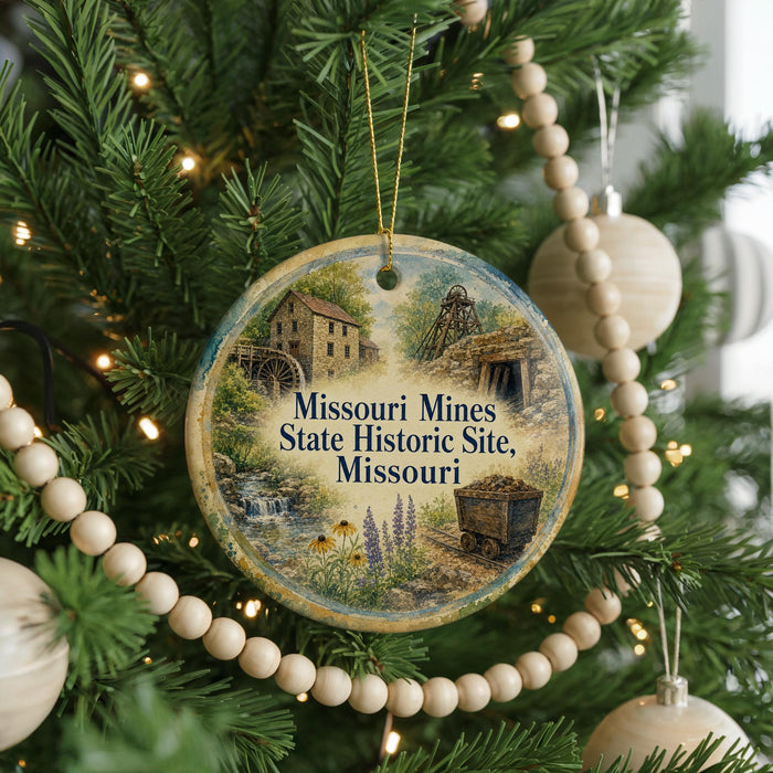 A round ornament hanging on a Christmas tree, featuring a scenic image of the Missouri Mines State Historic Site in Missouri.