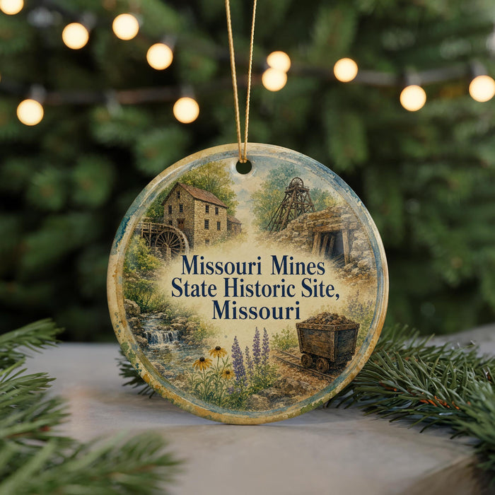 A decorative ornament featuring a scenic illustration of Missouri's historic site, with a watermill, a building, and a wagon in the background.