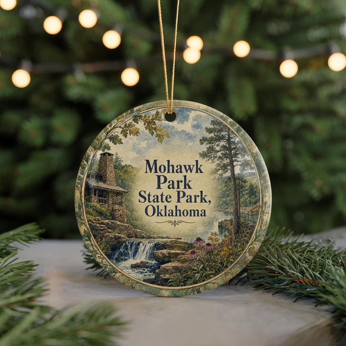 A circular ornament with a painting of a cabin and a waterfall, surrounded by greenery, hangs in front of a blurred background with twinkling lights.