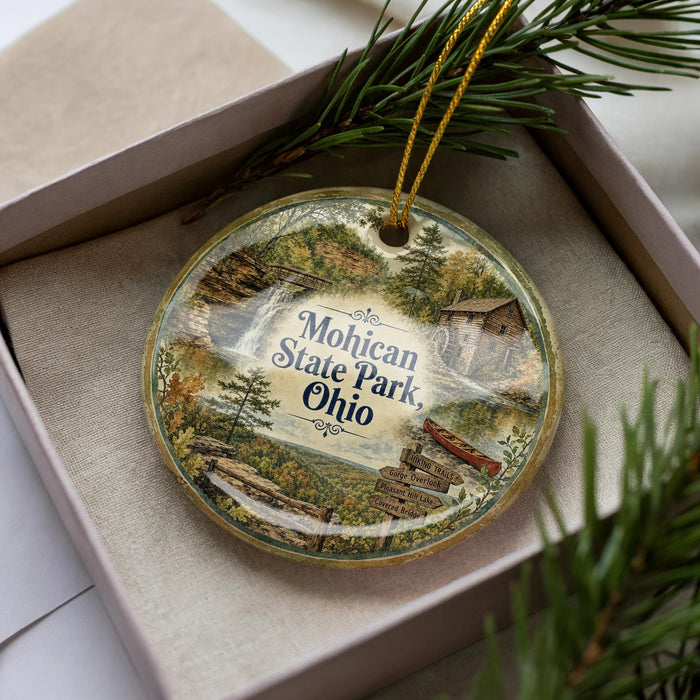 A decorative ornament with a scenic image of Mohican State Park, Ohio, displayed in a box with pine branches.