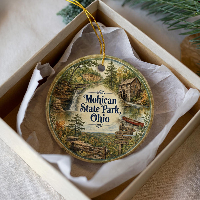 A decorative ornament in a box, featuring a scenic image of Mohican State Park, Ohio.