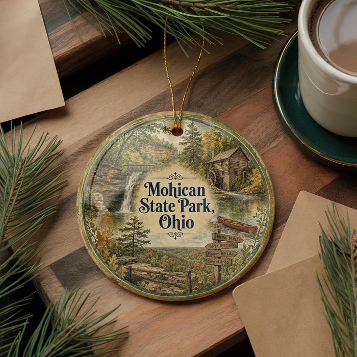 A circular ornament with a scenic illustration of Mohican State Park, Ohio, featuring a waterfall, cabin, and trail signs, is displayed on a wooden surface alongside a cup of coffee and some pine branches.