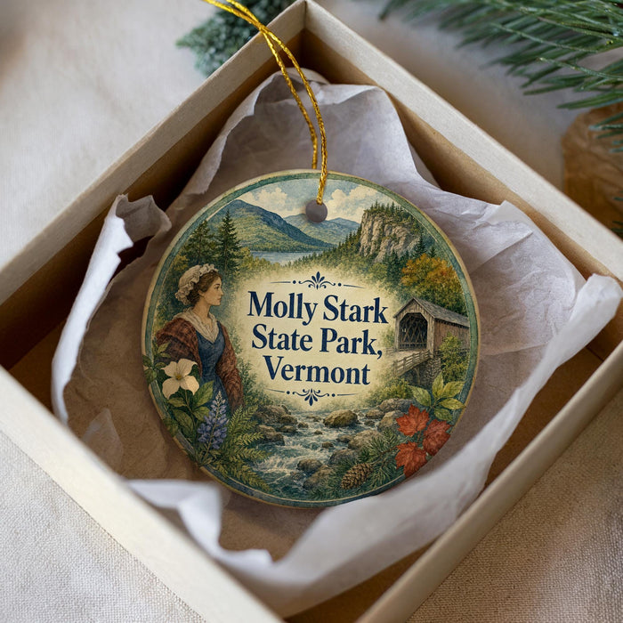 A decorative ornament in a white box, featuring a woman in traditional clothing and a scenic landscape with mountains, water, and a bridge.