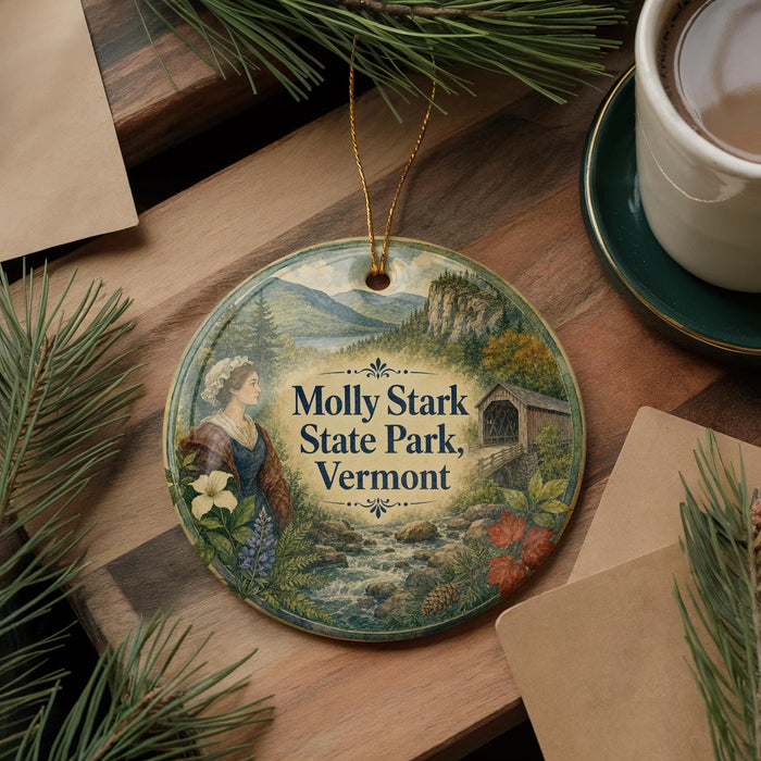 A decorative ornament featuring a woman in a historical dress, surrounded by a scenic landscape, is displayed on a wooden surface alongside a cup of coffee and some pine branches.