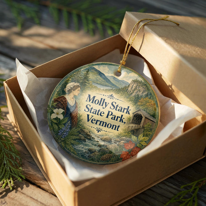 A decorative ornament in a wooden box, featuring a scenic landscape with a woman, a bridge, and mountains.