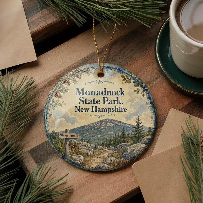 A decorative ornament featuring a scenic mountain landscape with pine trees and a trail, placed on a wooden surface alongside a cup of coffee and some papers.