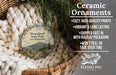 a ceramic ornament hanging from a wicker basket, with a description of the ornament and its features.