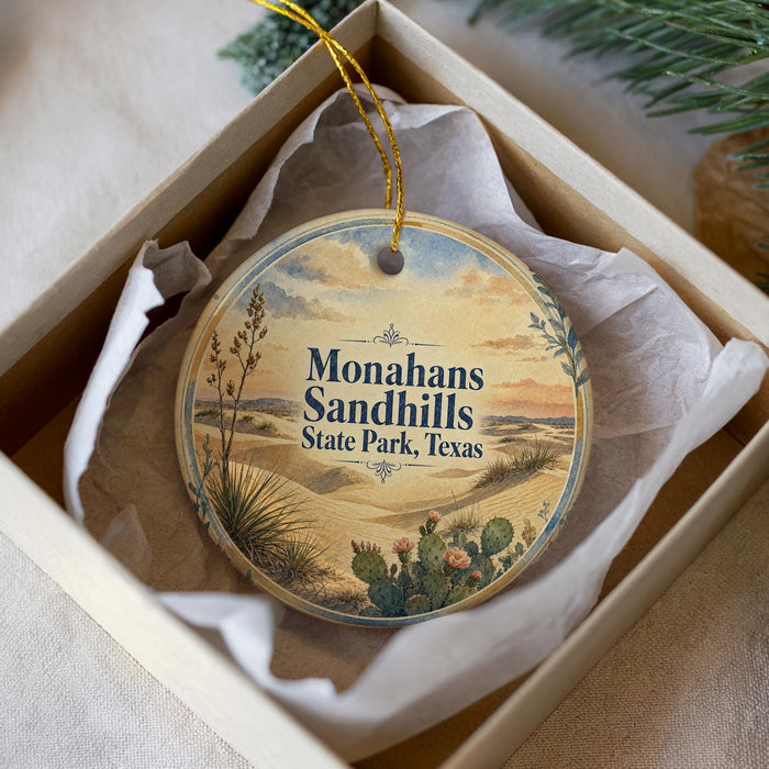 A round ornament with a desert landscape design, featuring a cactus and other desert-themed elements, is displayed in a box.