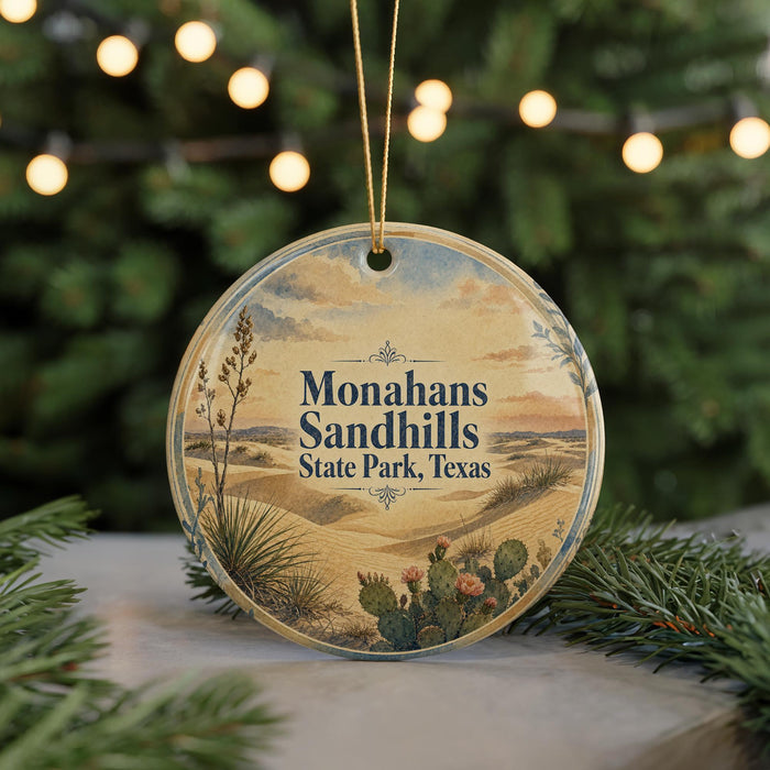 A round ornament with a desert landscape and cactus design, featuring the text "Monahans Sandhills State Park, Texas" on it.