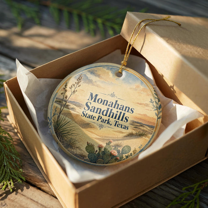 A circular ornament with a desert landscape design, placed in a wooden box with a gold string.