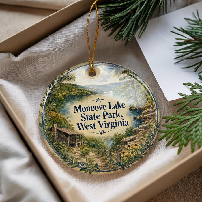 A decorative ornament with a scenic landscape of Moncove Lake State Park, West Virginia, displayed in a box with pine branches.